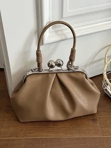 Elegant khaki pleated handbag with vintage metal clasp and decorative knotted handle.