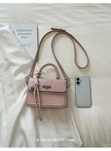 Vista dettagliata della borsa retrò rosa con un telefono per la scala di dimensioni
