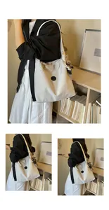 Detail views of a lightweight beige nylon tote bag with a circular patch and drawstring