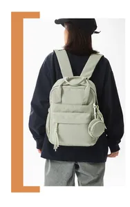 Close-up detail of a minimalist light green backpack for women's daily commute
