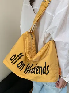 Large Capacity Nylon Tote Bag For Women Casual Lightweight Crossbody Shoulder Bag With Weekends Embroidery Zip Closure