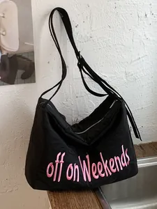 Black nylon crossbody bag with pink Off on Weekends embroidery, large capacity tote