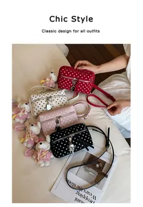 Chic polka dot crossbody bags in four colors featuring cute bear charms detail view