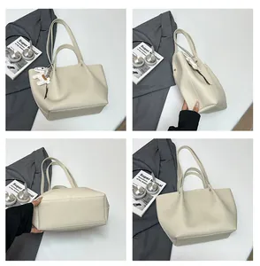 Multiple perspective views of a cream pebble-grain tote bag showing front side and bottom