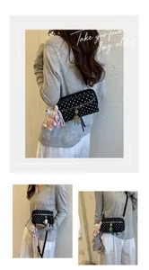 Stylish black polka dot crossbody phone bag shown on a model from different angles.