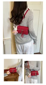 Collage showing a red polka dot crossbody bag with a cute rabbit charm in daily use.