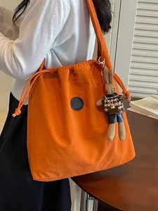 Women Lightweight Nylon Tote Bag Minimalist Casual Bucket Bag With Rabbit Pendant Drawstring Large Capacity Shoulder Bag