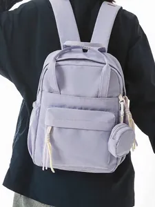 Women Fashion Nylon Backpack Lightweight Casual School Bookbag With Round Mini Pouch Pendant For Travel Office Daily