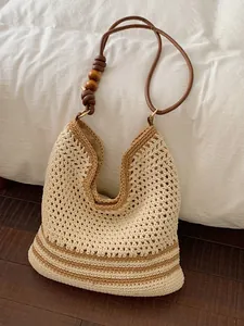 Women Large Capacity Handwoven Straw Tote Bag Retro Crochet Beach Shoulder Bag With Wooden Beads Decoration Fashion Handbag