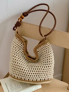 Handmade crochet woven tote bag with stylish wooden bead strap for beach and commute