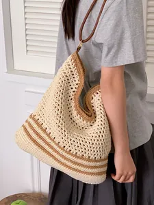 Large handmade crochet tote bag with striped pattern for beach vacation and daily commute