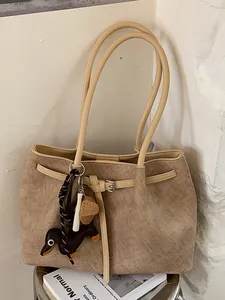 Women Sophisticated PU Leather Tote Bag Large Capacity Solid Color Shoulder Bag With Elegant Dachshund Pendant Summer Commuting Handbag