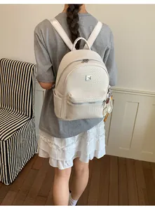 Stylish white woven texture backpack for women shown from back view on model