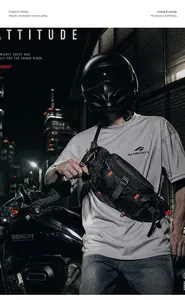 Detail view of tactical black chest bag for men worn by urban motorcycle rider in night scene
