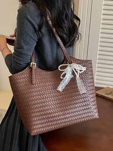 Grand Sac Cabas Femme en Cuir PU Tressé Mode Nœud en Dentelle et Perle Sac à Main de Navettage Sac à Épaule Polyvalent