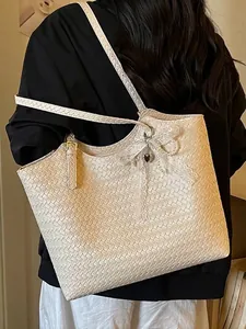 Sac fourre-tout tissé blanc crème de grande capacité pour femme avec nœud en perles