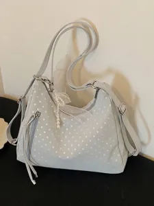 Damen Große Kapazität Gepunktet PU Leder Tragetasche Mode Schulter Umhängetasche Mehrwege Rucksack Mit Perlen Spitze Schleife Anhänger
