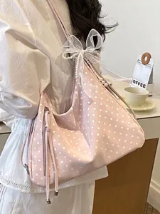 Große rosa Polka-Dot-Einkaufstasche mit Schleife und Perlen für Damen, stilvoll