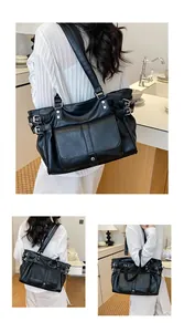 Views of a black large-capacity commuter tote bag featuring side buckle details