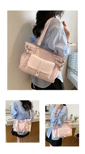 Detailed views of a large pink commuter tote bag featuring stylish buckle accents.