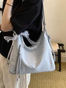 Große blaue und weiße gepunktete Tragetasche für Damen, stilvolle Schultertasche für den Alltag