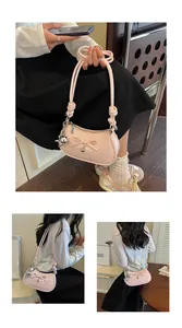 Stylish pink bow knot polka dot shoulder bag shown in various lifestyle daily scenarios.