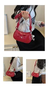 Multiple detail views of a trendy red polka dot shoulder bag with bow and silver charm pendant