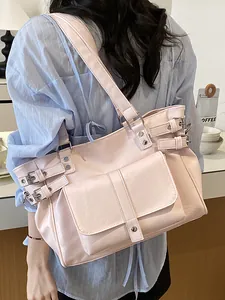 Women Large Capacity PU Leather Tote Bag Fashion Commuter Shoulder Bag Vintage Metal Buckle College Handbag Student Book Bag