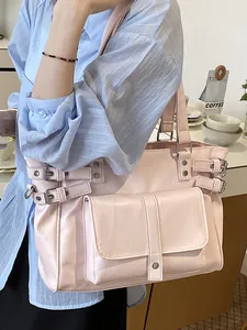 Stylish pink large capacity leather tote bag for women commuting or college students