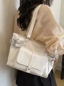 Elegant white large capacity tote bag with stylish multi-buckle details for women