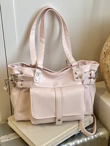 Large capacity pale pink tote bag with buckle details for office and college students