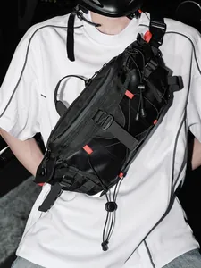 Modern techwear black crossbody chest bag with red accents and buckles for men and women