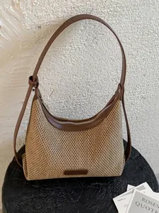 Woven straw-texture hobo bag for women with premium brown leather trim and shoulder strap