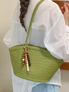 Bolso Tote Tejido para Mujer de Verano Moda Cuero PU Bolso Cubo Gran Capacidad Bolso de Hombro Con Colgante de Cuentas Bolso Diario