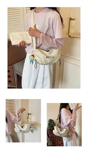 Multi-angle views of a stylish cream canvas crossbody bag with doll charm shown from various angles.