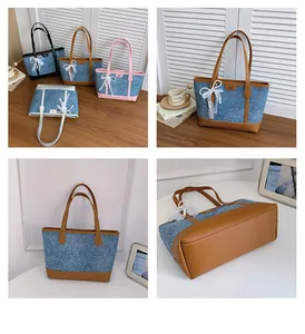 Detail shots of denim bags showing material texture, decorative lace bows and bottom structure