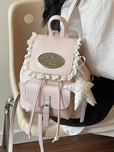 Women Vintage Mini Backpack Retro Sweet Lace Trim PU Leather Small Rucksack Drawstring School Bag With Star Pendant Girls Daily