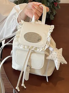 Elegant vintage off-white mini backpack with delicate lace trim and cute star charm