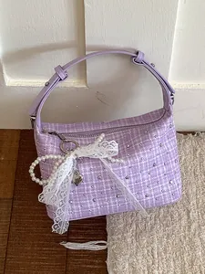 Stylish lavender checkered tweed handbag with lace bow pearl charm and rhinestones