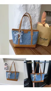 Multi-angle details of denim tote bag with brown leather trim and pearl bow accent.