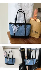 Denim tote bag with elegant pearl bow decoration displayed in various lifestyle settings