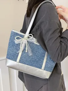 Large Capacity Denim Tote Bag For Women Patchwork Synthetic Leather Shoulder Bag With Artificial Pearl Lace Bow Decor Elegant Commuting Handbag
