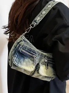 Vintage Washed Denim Crossbody Bag For Women Retro Y2K Small Square Bag Metal Rivets Adjustable Shoulder Strap Casual Purse