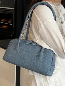 Stylish blue denim pillow bag for women with large capacity Boston style shoulder bag