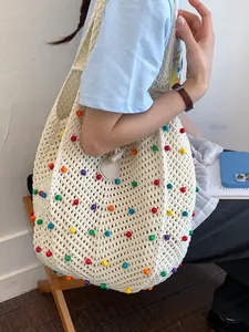 Bolso tote de ganchillo calado grande con cuentas de colores para vacaciones de verano