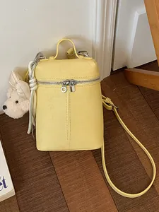 Women PU Leather Mini Bucket Bag Korean Style Minimalist Crossbody Phone Bag With Plush Teddy Bear Pendant Handbag Daily Shoulder Bag