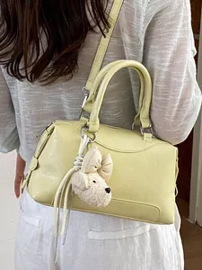 Trendy Elegant Boston Bag PU Leather Pillow Shape Handbag Versatile Crossbody Bag With Plush Charm Commuter Small Tote For Women