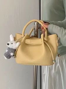 Elegant PU Pebbled Leather Bucket Bag Pleated Solid Color Handbag Shoulder Crossbody Bag For Commuting Women