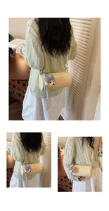 Detailed views of the yellow cylindrical crossbody bag featuring a cute bear charm