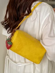 Women Minimalist PU Leather Pillow Bag Summer Crossbody Shoulder Bag With Strawberry Charm Elegant Solid Color Small Handbag